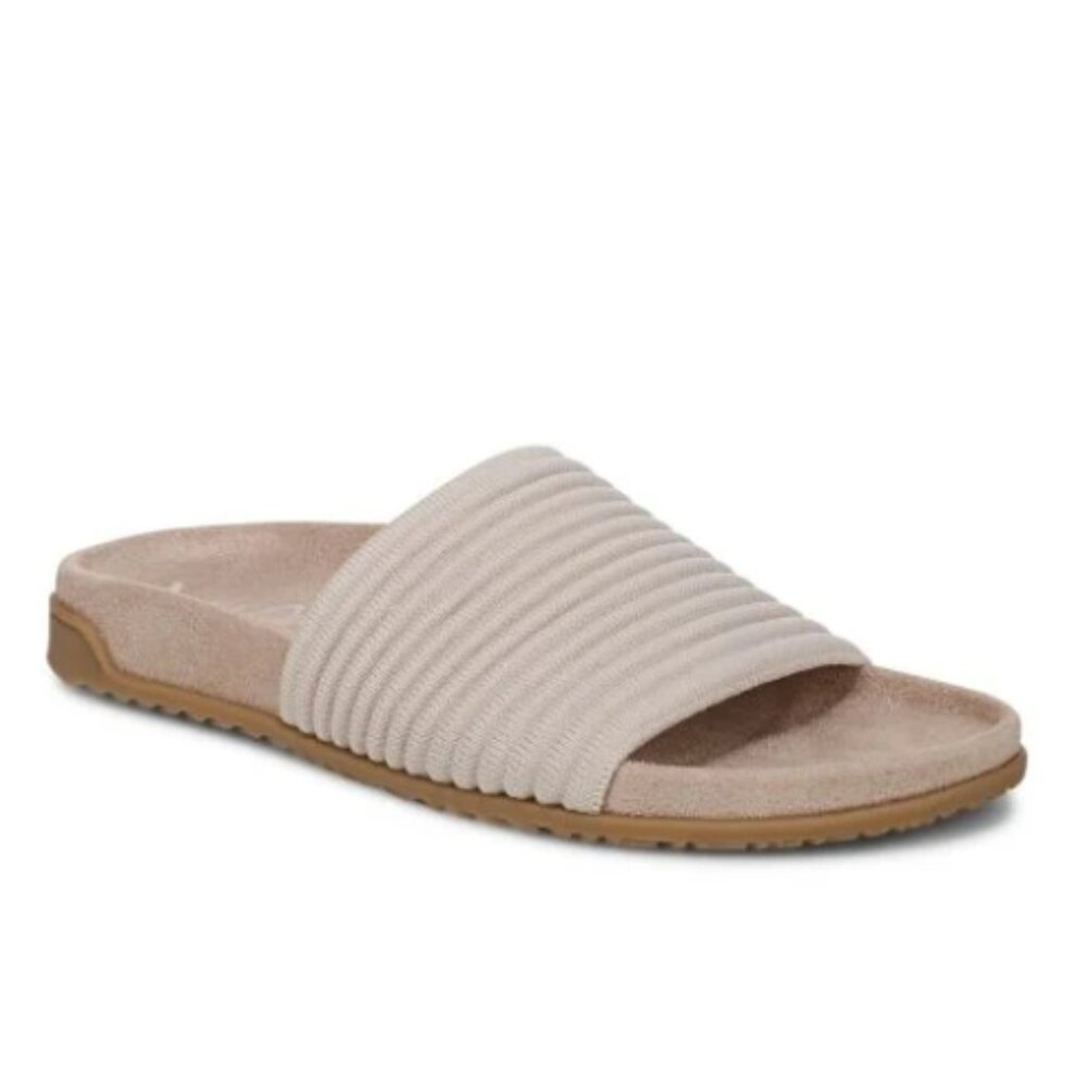 Vionic Evie Knit Slide Sandal in Light Beige with Tan Sole